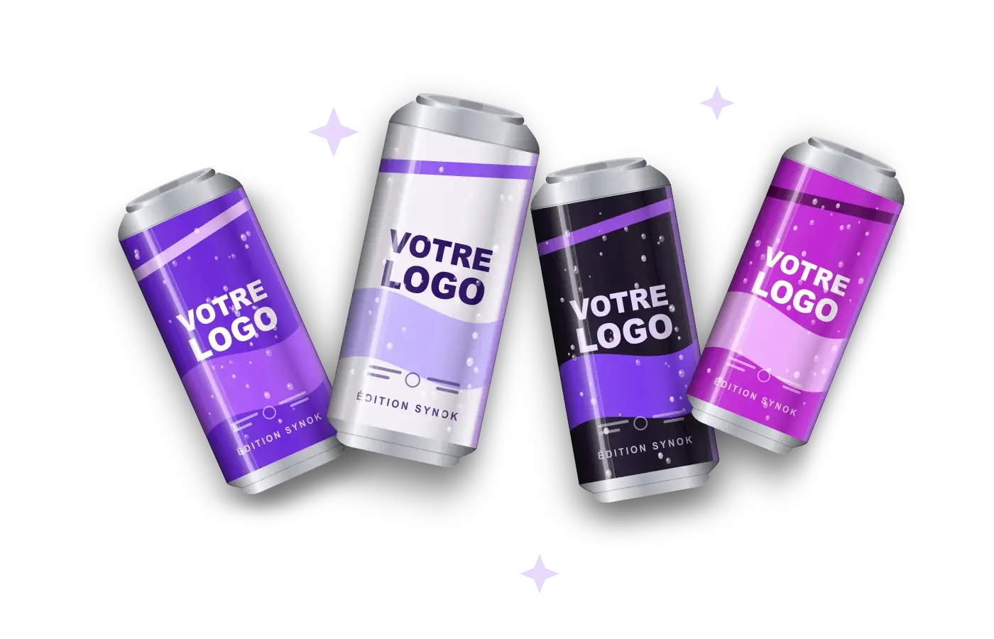 Quatre canettes de boisson aux couleurs de Synok, violettes, blanches et noires, portant chacune « Votre logo ».